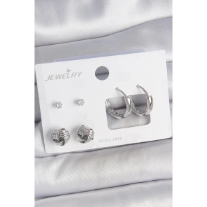 Pirinç Gümüş Renk Zirkon Taşlı Halka Model 3 Çift Kadın Küpe Seti