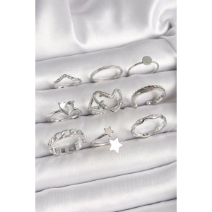 Pirinç Gümüş Renk Zirkon Taşlı Kalp Figür Yıldız Detay Kadın Yüzük Kombini