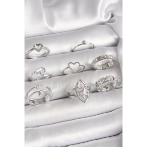 Pirinç Gümüş Renk Zirkon Taşlı Kalp Kutup Yıldız Figür Kadın Yüzük Kombini