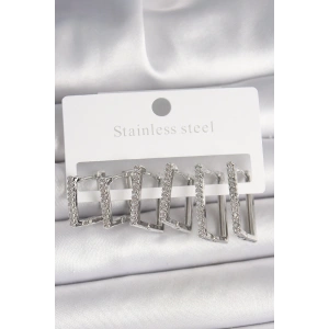 Pirinç Gümüş Renk Zirkon Taşlı Kare 3 Çift Kare Model Kadın Küpe