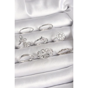 Pirinç Gümüş Renk Zirkon Taşlı Kelebek Figür Çiçek Yıldız Detay Kadın Yüzük Kombini