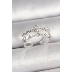 Pirinç Gümüş Renk Zirkon Taşlı Taç Model Ayarlanabilir Kadın Yüzük