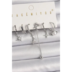 Pirinç Gümüş Renk Zirkon Taşlı Yıldız Figür VIP Seri Kadın Küpe Kombini
