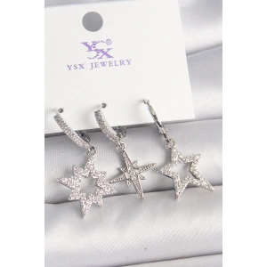 Pirinç Gümüş Renk Zirkon Taşlı Yıldız Model 3Lü Kadın Kombin Küpe