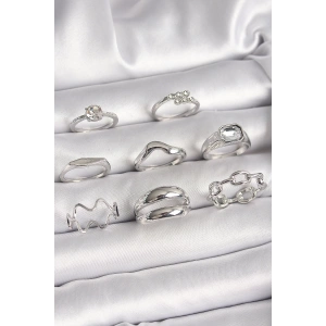 Pirinç Gümüş Renk Zirkon Taşlı Zincir Model Detay Kadın Yüzük Kombini