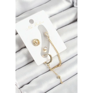 Pirinç Halka Figürlü Zirkon Taşlı Gold Renk 3lü Kıkırdak Kadın Küpe Set