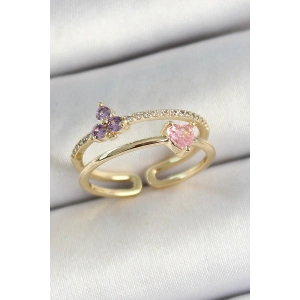 Pirinç Kalp Ve Çiçek Figürlü Zirkon Taşlı Gold Renk Ayarlanabilir Kadın Yüzük