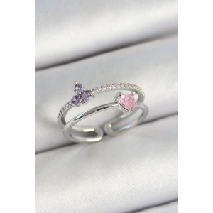 Pirinç Kalp Ve Çiçek Figürlü Zirkon Taşlı Gümüş Renk Ayarlanabilir Kadın Yüzük