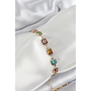 Pirinç Karışık Renk Kare Zirkon Taşlı Gold Renk Kadın Bileklik