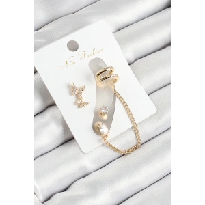 Pirinç Kelebek Figürlü Zirkon Taşlı Gold Renk 3lü Kıkırdak Kadın Küpe Set