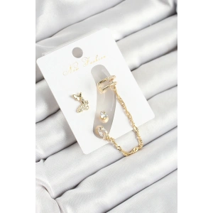 Pirinç Kelebek Figürlü Zirkon Taşlı Gold Renk 3lü Kıkırdak Kadın Küpe Set