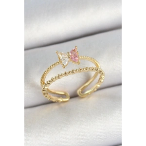 Pirinç Kelebek Figürlü Zirkon Taşlı Gold Renk Ayarlanabilir Kadın Yüzük