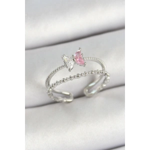 Pirinç Kelebek Figürlü Zirkon Taşlı Gümüş Renk Ayarlanabilir Kadın Yüzük