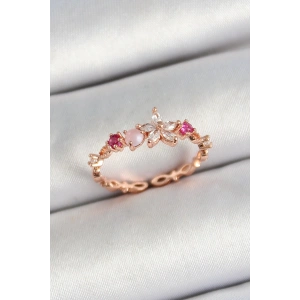 Pirinç Papatya Figürlü Zirkon Taşlı Rose Gold Renk Ayarlanabilir Kadın Yüzük