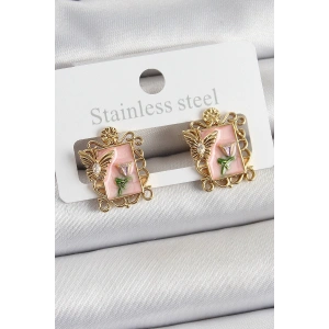 Pirinç Pembe Mineli Sanatsal Portre Model Gold Renk Kadın Küpe