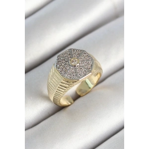 Pirinç Sekizgen Figür Zirkon Taşlı Gold Renk Ayarlanabilir Kadın Yüzük