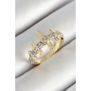 Pirinç Sıralı Çit Figürlü Zirkon Taşlı Gold Renk Ayarlanabilir Kadın Yüzük