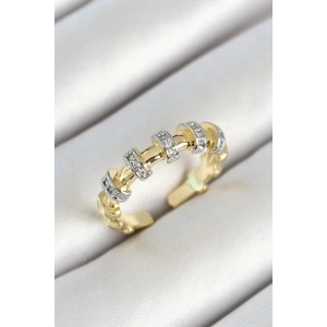 Pirinç Sıralı Daire Figürlü Zirkon Taşlı Gold Renk Ayarlanabilir Kadın Yüzük