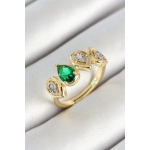 Pirinç Sıralı Damla Figürlü Zirkon Taşlı Gold Renk Ayarlanabilir Kadın Yüzük