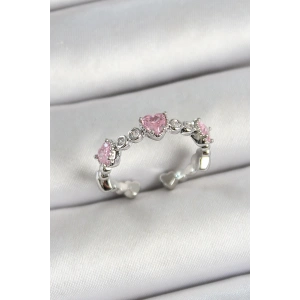 Pirinç Sıralı Kalp Figürlü Zirkon Taşlı Gümüş Renk Ayarlanabilir Kadın Yüzük