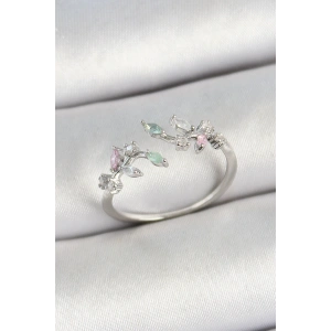 Pirinç Yaprak Figürlü Zirkon Taşlı Gümüş Renk Ayarlanabilir Kadın Yüzük