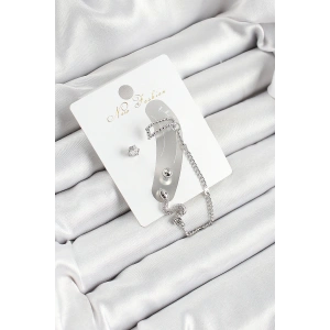 Pirinç Yılan Figürlü Zirkon Taşlı Gümüş Renk 3lü Kıkırdak Kadın Küpe Set