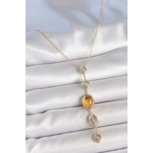 Pirinç Zincir Kehribar Sarı Gold Renk  Zirkon Taşlı Y Kolye