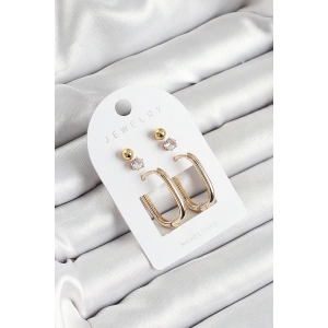 Pirinç Zirkon Taş Ve Dikdörtgen Figürlü Gold Renk 3lü Çift Kadın Küpe Set