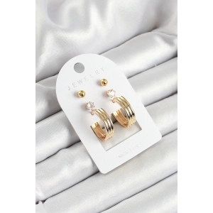 Pirinç Zirkon Taş Ve Halka Figürlü Gold Renk 3lü Çift Kadın Küpe Set
