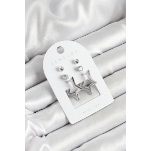 Pirinç Zirkon Taş Ve Yıldız Figürlü Gümüş Renk 3lü Çift Kadın Küpe Set