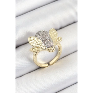 Pirinç Zirkon Taşlı Arı Model Gümüş Ve Gold Renk Kadın Yüzük