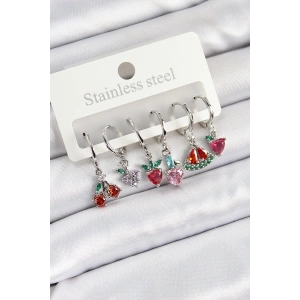 Pirinç Zirkon Taşlı Karpuz Yonca Kalp Pusula Karışık Model Gümüş Renk 6lı Set Kadın Küpe