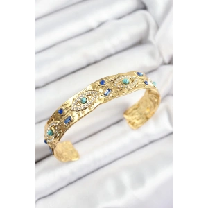 Pirinç Zirkon Taşlı Mavi Boncuklu Göz Model Gold Renk Altı Açık Kadın Bileklik