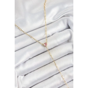 Pirinç Zirkon Taşlı Pembe Kalp Figürlü Y Model Gold Renk Kadın Kolye