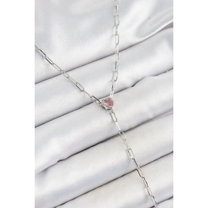 Pirinç Zirkon Taşlı Pembe Kalp Figürlü Y Model Gümüş Renk Kadın Kolye