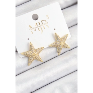 Pirinç Zirkon Taşlı Yıldız Model Gold Renk Kadın Küpe