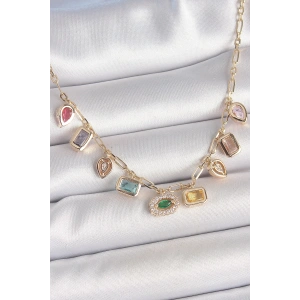 Sıralı Karışık Renk Zirkon Taşlı Gold Pirinç Kolye