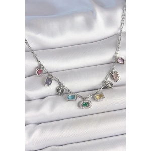 Sıralı Karışık Renk Zirkon Taşlı Gümüş Pirinç Kolye