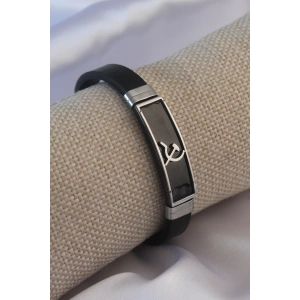 Siyah Metal Çekiç Orak Model Siyah Deri Erkek Bileklik