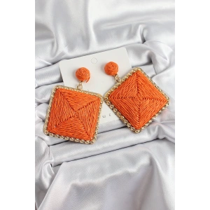 Turuncu Kare Figürlü Hasır Örgü Model Gold Renk Kadın Küpe