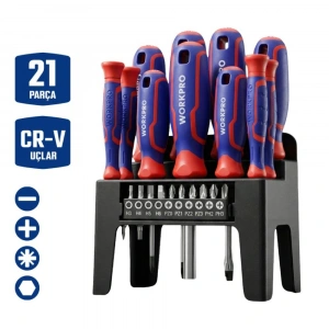 WORKPRO WP200551 21 Parça CR-V Duvar Askı Aparatlı Profesyonel Manyetik Tornavida Seti