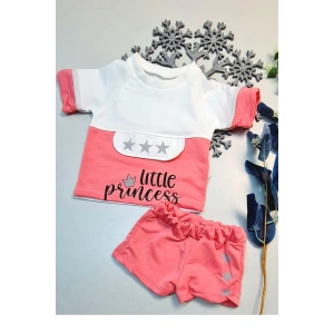 Yazlık Mini Şort Kısa Kol Kız Bebek Takım Little Princess Fuşya
