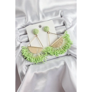 Yeşil Püsküllü Yelpaze Figürlü Hasır Örgü Model Sallantılı Gold Renk Kadın Küpe