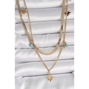 316L Çelik Gold Renk 2Li İtalyan Zincir Model Yıldız Figür Mavi Taş Detay Kadın Kolye