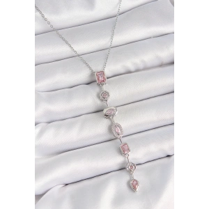316L Çelik Gümüş Renk Zincir Pembe Zirkon Taşlı Y Model Dekolte Kadın Kolye