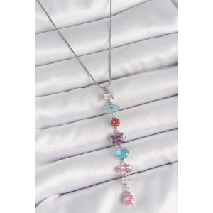 316L Çelik Gümüş Renk Zincir Renkli Zirkon Taşlı Y Model Dekolte Kadın Kolye