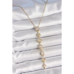 316L Çelik Zincir Gold Renk Zirkon Taşlı Y Kolye