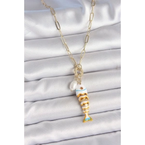 İnci Detaylı Zirkon Taşlı Beyaz Balık Figürlü Gold Renk Pirinç Kolye