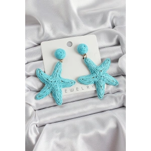 Mavi Deniz Yıldızı Figürlü Hasır Örgü Model Gold Renk Kadın Küpe