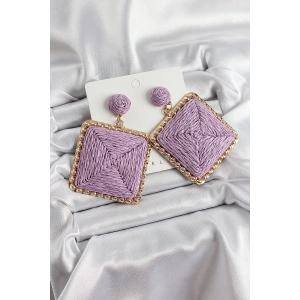 Mor Kare Figürlü Hasır Örgü Model Gold Renk Kadın Küpe